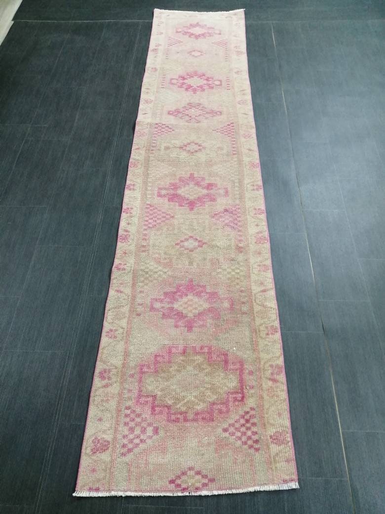 Oriental Runner Rug Muted Turkish Runner Rug 2.2 x 10.4 Pink Vintage Runner Rug Hallway Runner Rug Muted Persian Runner Rug Wool Runner Rug