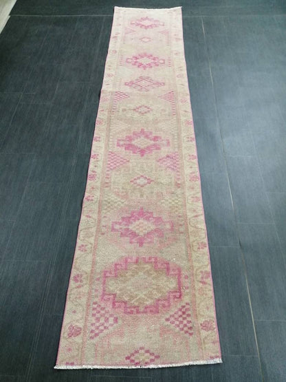 Oriental Runner Rug Muted Turkish Runner Rug 2.2 x 10.4 Pink Vintage Runner Rug Hallway Runner Rug Muted Persian Runner Rug Wool Runner Rug