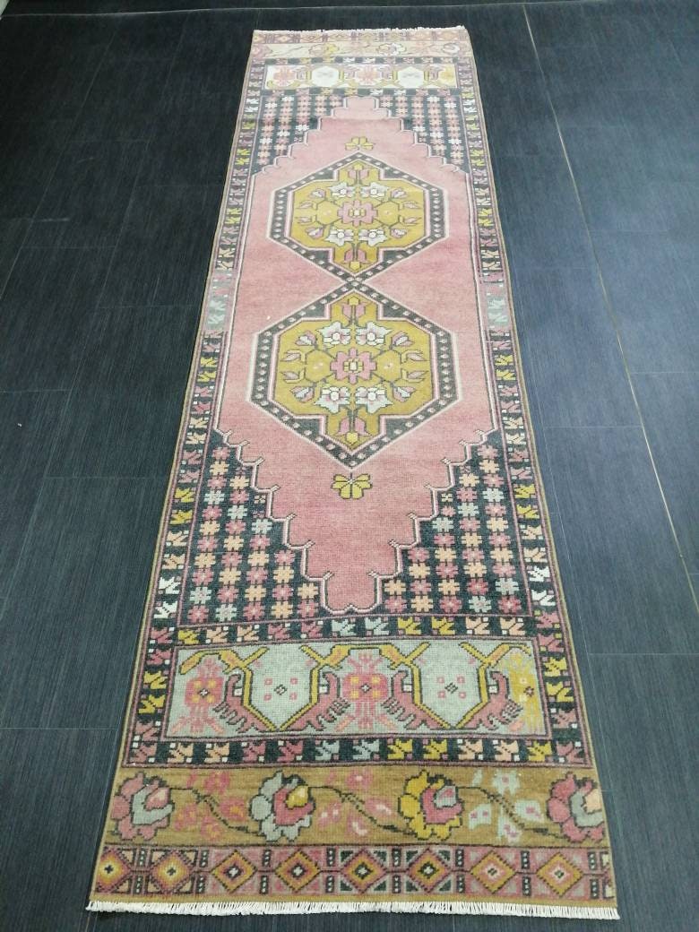 Pink Oriental Runner 2.4 x 8.7 Runner Hand Made TURKISH Runner Vintage Runner Muted Vintage Persian Muted Runner Rug Excellent Condition Rug
