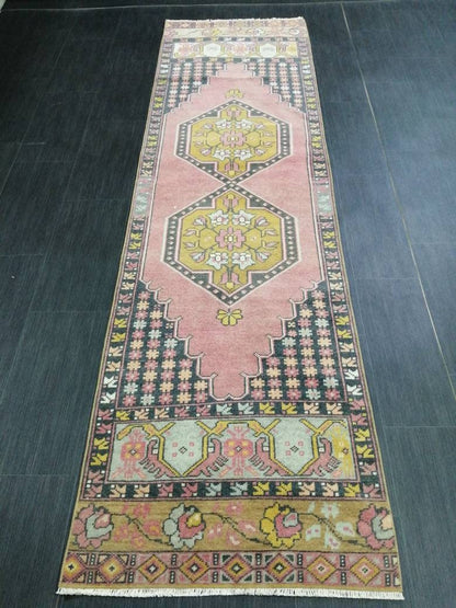 Pink Oriental Runner 2.4 x 8.7 Runner Hand Made TURKISH Runner Vintage Runner Muted Vintage Persian Muted Runner Rug Excellent Condition Rug