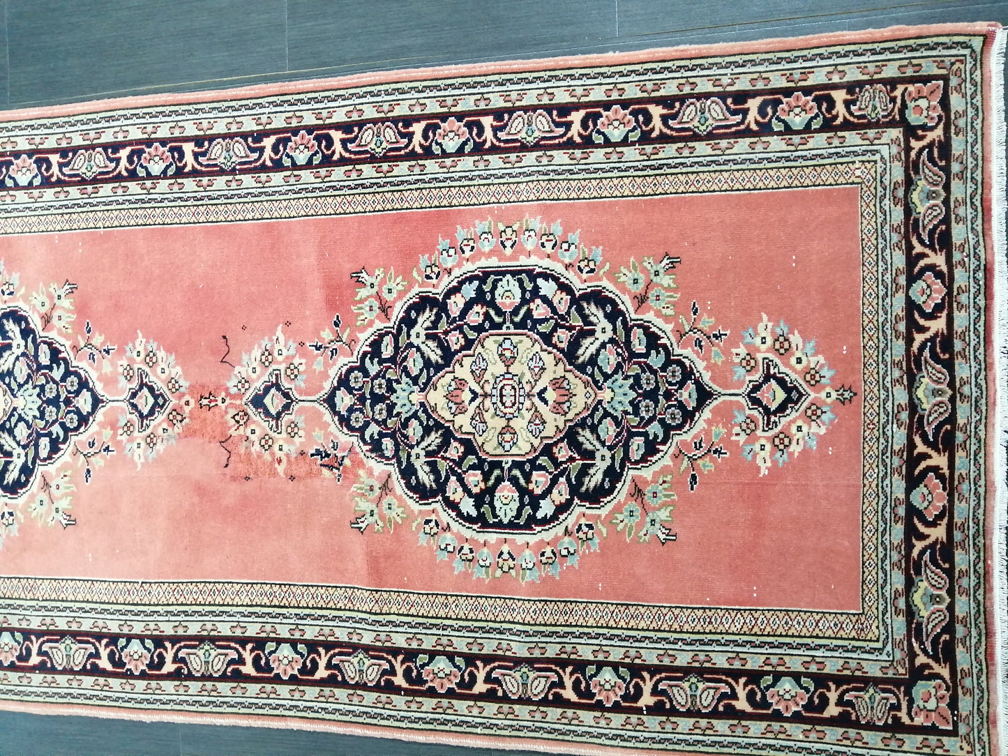 Oushak Runner Rug 3.2 x 14 Turkish Runner Rug Persian Vintage Runner Pink and Navy XL Hallway Runner Rug Stairs Runner Rug Extra Long Runner