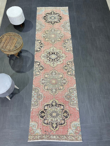 VINTAGE RUNNER Rug, Distressed Turkish 2.10 x 10.7 Runner Rug, Oushak Runner Rug, Hand woven Rug, Oriental runner Rug
