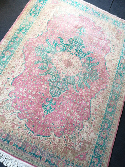 7 x 9.5 Persian RUG Vintage TURKISH Pink Green Oriental Rug Vintage  Vintage Runner Rug Wool Oushak Rug Handmade Rug Hand Knotted Rug