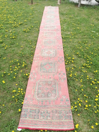 Oushak wool runner 2'7x20'6 long vintage runner, hallway handmade runner