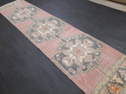 Muted Vintage Runner Rug 2.6 x 10.6 Hand Made Runner Rug Turkish Runner Rug Pink Vintage Runner Rug Hallway Runner Rug Wool Kitchen Runner