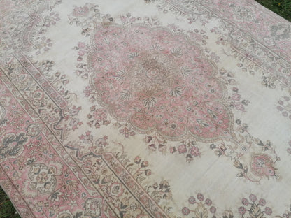 6.10 x 9.8 soft pink turkish rug, vintage rug, large vintage rug, wool oushak rug handmade rug