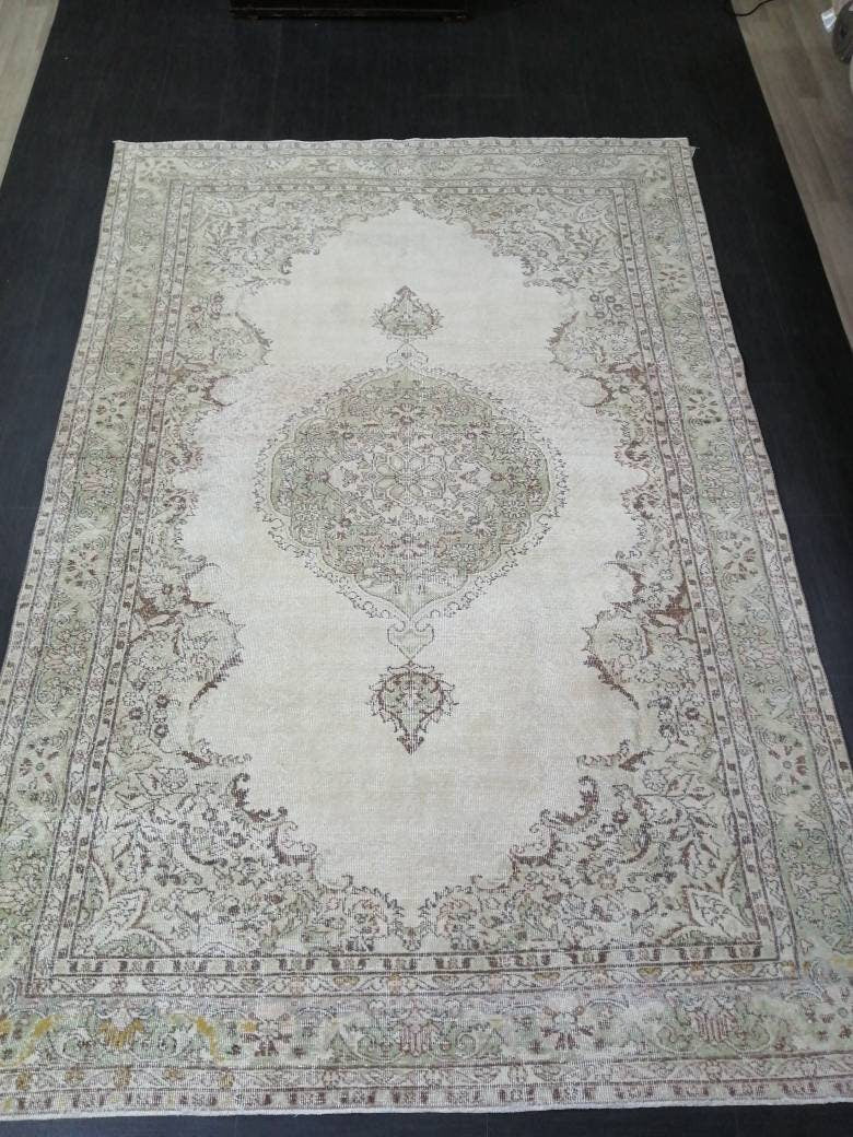 Vintage Rug Neutral TURKISH Muted HAND MADE Rug Muted Rug 6.9 x 10.3 Muted Turkish Oushak Rug, Vintage Oriental Rug, Muted 7x10 Persian Rug