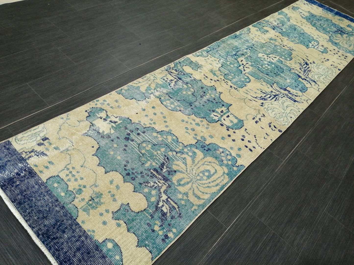 Oushak Runner Rug 10.5 X 2.5  Turkish Runner Rug Vintage Runner Rug  Beige and Blue Hallway Runner Rug Kitchen Runner Rug vinatgeturkish_rug