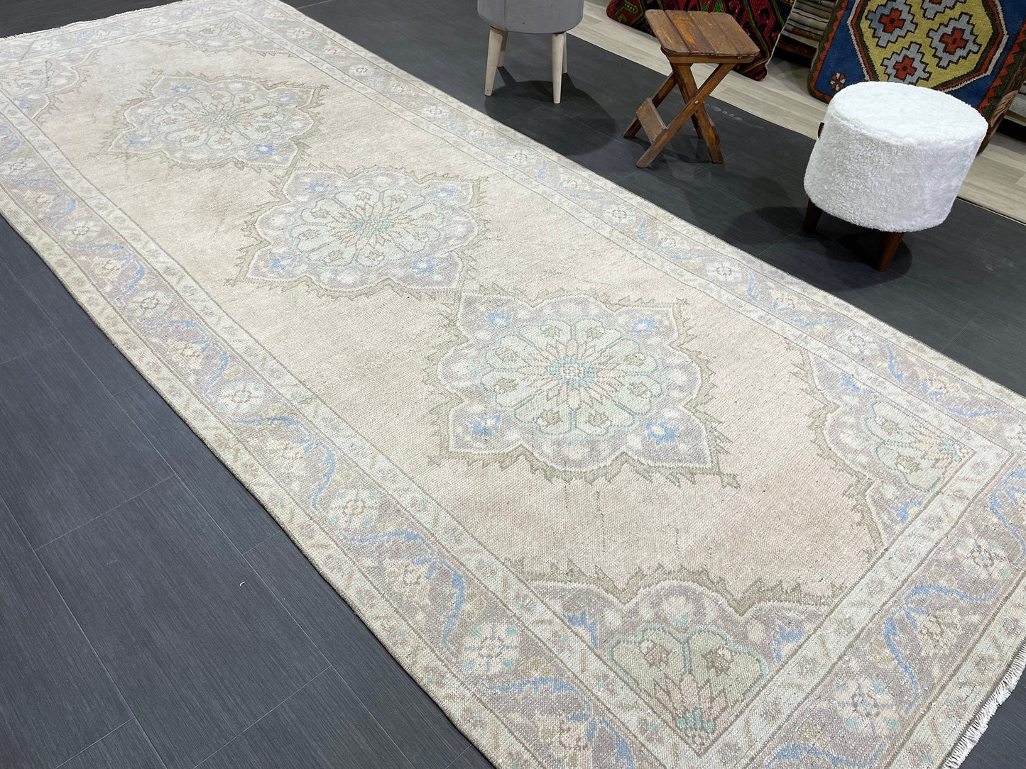 Muted Turkish Runner Rug Turkish Oushak 4.4 x 11.2 Runner Rug Vintage Runner Rug Hallway Runner Rug Kitchen Runner Rug Wool Runner Rug