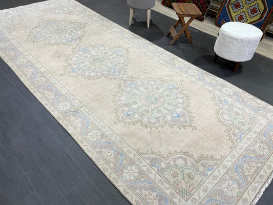 Muted Turkish Runner Rug Turkish Oushak 4.4 x 11.2 Runner Rug Vintage Runner Rug Hallway Runner Rug Kitchen Runner Rug Wool Runner Rug
