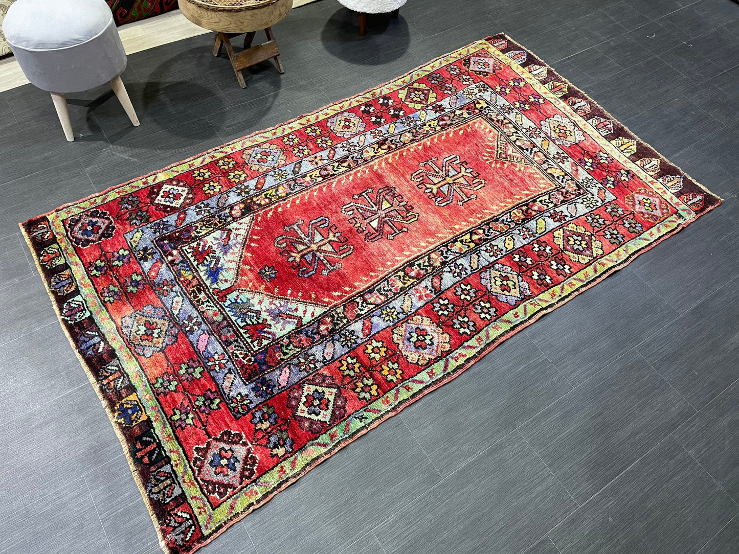 Vintage RUG, TURKISH 4.2 x 7.4 Rug, Wool Hand Knotted Rug, Persian Rug Wool Handmade Rug, Oushak Rugs Muted Hand Knotted rug