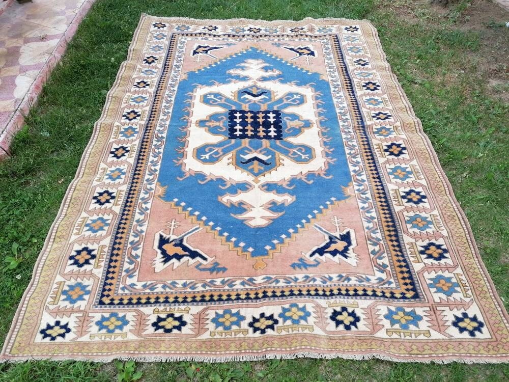 Turkish oushak wool rug 6'8x9'6 large blue rug, vintage handmade rug bohemian rug living room rug