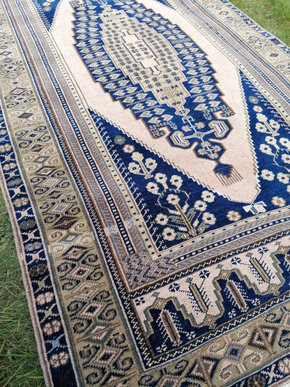 4x7'7 blue rug, living room rug vintage oushak rug