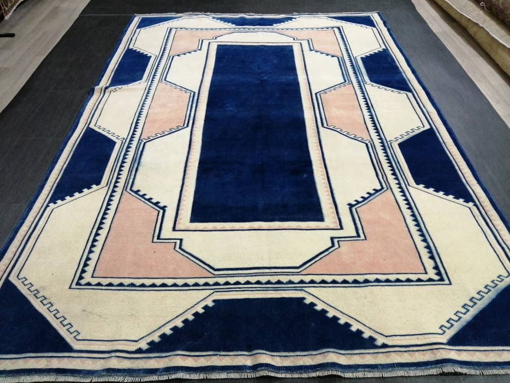 Vintage Rug,  Navy Unique Pattern Rug 6.8 x 9.8 Oushak Rugs, 7x10 Rugs,Turkish Rugs Navy Blush Green Rugs, Oriental Rug, Fine Rugs