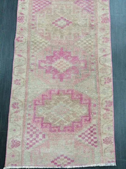 Oriental Runner Rug Muted Turkish Runner Rug 2.2 x 10.4 Pink Vintage Runner Rug Hallway Runner Rug Muted Persian Runner Rug Wool Runner Rug