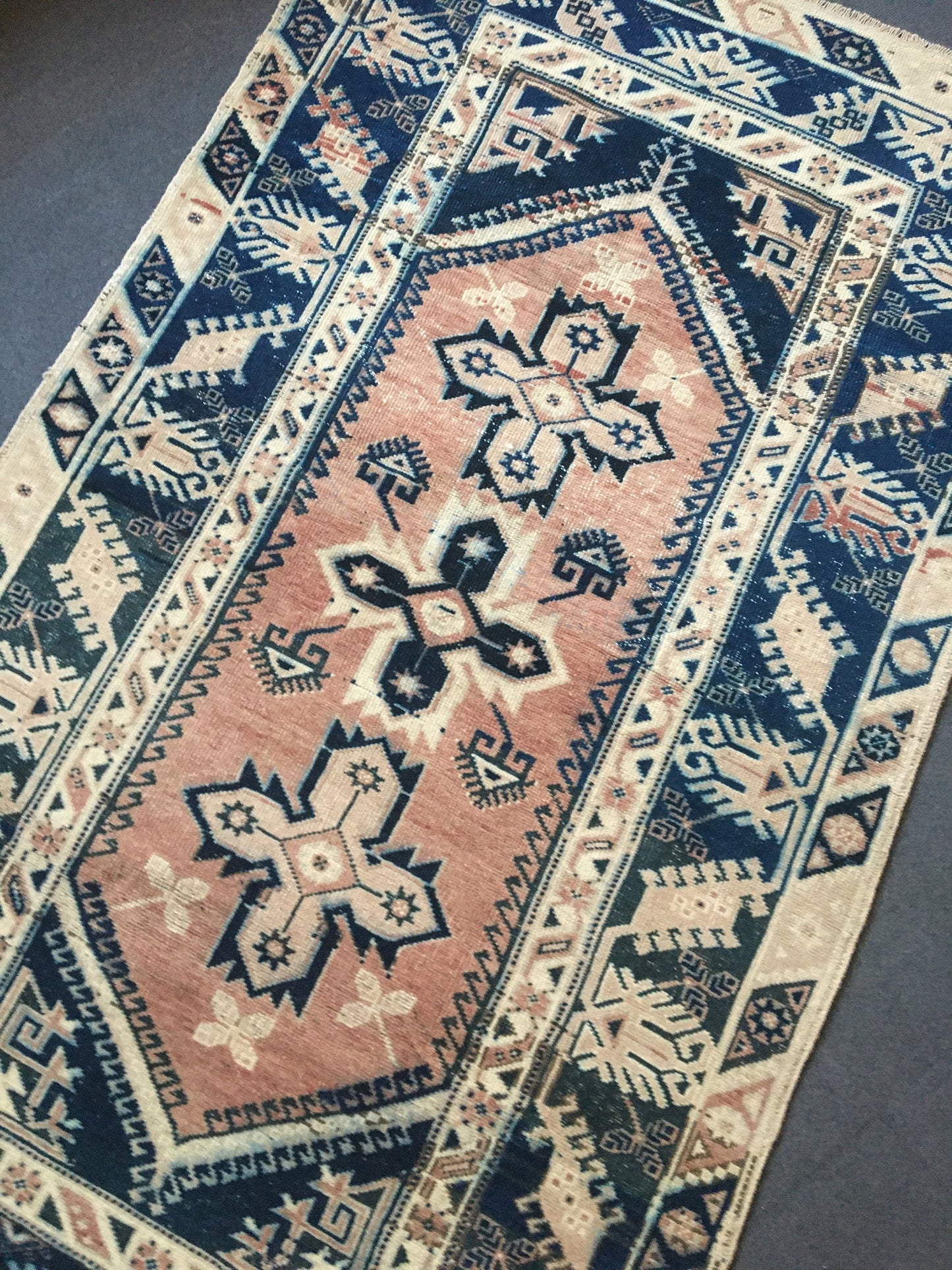 4x7 feet turkish large bedroom rug, handmade blue muted living room floor rug, vintage bathroom area rug, bohemian persian motif wool rugs