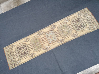 3x11 mute soft oushak turkish runner rug, vintage turkish runner rug, pastel handmade kitchen runner rug, bathroom rug, entryway runner rug