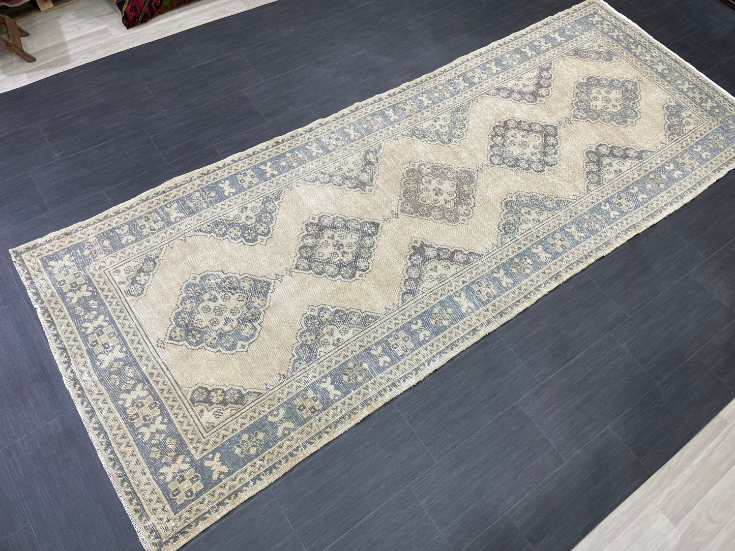 Vintage Hand Knotted Rug Vintage 4.2 x 11  Runner Muted Runner Rug Turkish Runner Rug Vintage Runner Rug Star Kitchen Runner Most See Rug