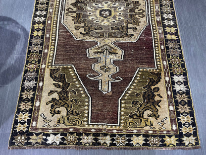 Antique Rug, TURKISH RUG, VINTAGE Rug, Living Room 3.7 x 6.3 Rug, Oushak Rug, Handmade Rug,Brown and Black rug, Persian Rug, farmhouse rug