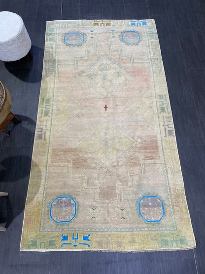 Anatolian Vintage Rug, TURKISH Rug, Vintage 3.10 x 7.3 Wool Rug, Oushak Rug, Hand Knotted Rug, 100% Wool Rug, Handmade Rug