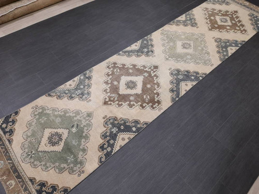 Muted Handmade Runner Rug Muted Turkish Runner Rug 3 x 12.6 Vintage Runner Rug Hallway Runner Rug Kitchen Runner Rug Pale Wool Oushak Runner