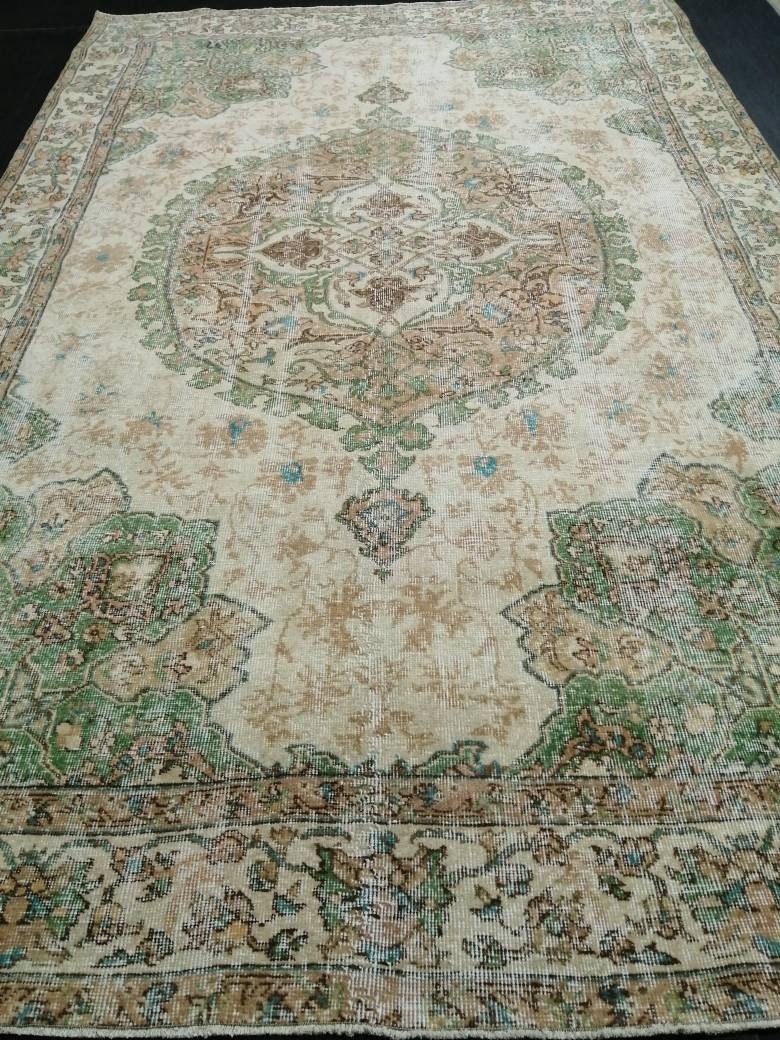 OUSHAK RUG Persian Rug 6.8 x 10.4 TURKISH  Rug Vintage Wool Rug Muted Vintage Oriental Rug Wool Oushak Rug Hand Made Rugs Green Vintage Rug