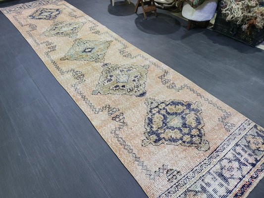 2.9 x 11.4 Low Wool Pile Oushak Runner Rug, Turkish Runner Rug, Vintage Runner Rug, Hallway Runner Rug Kitchen Runner Rug Wool Runner Rug