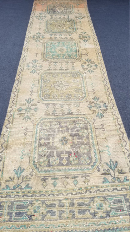 11'9x3' oushak turkish runner rug, vintage runner rug, vintage oushak rug, vintage anatolian rug,unique hand made rug,kitchen runner rug