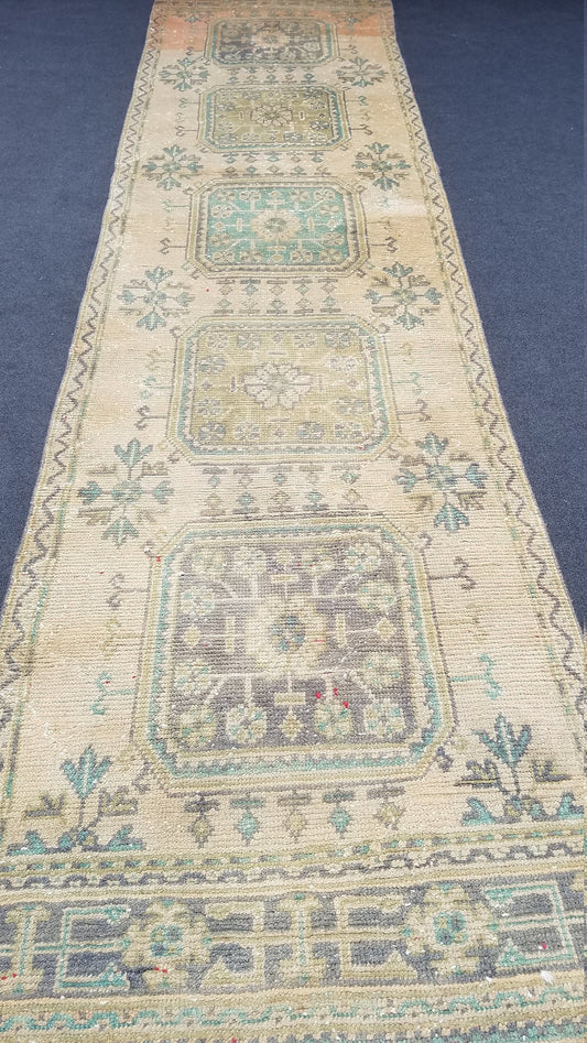 11'9x3' oushak turkish runner rug, vintage runner rug, vintage oushak rug, vintage anatolian rug,unique hand made rug,kitchen runner rug