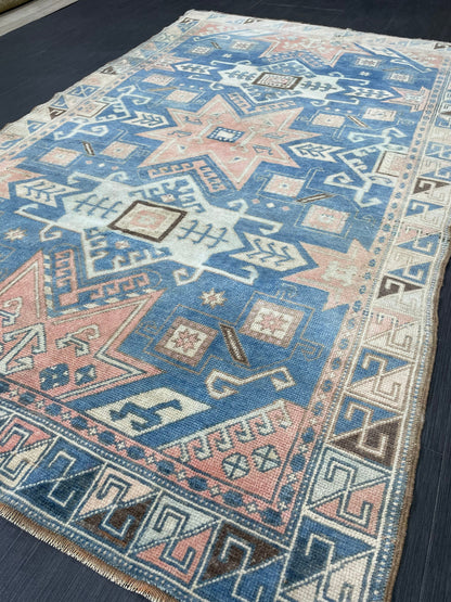 Muted Wool TURKISH Rug 4.6 x 7.4 Blue Vintage Persian Rug Vintage Oriental Rug Vintage Hand Made Rug Wool Vintage Oushak Rug