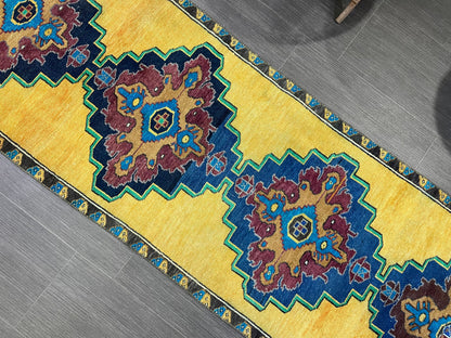 Wool Antique Runner Rug 2.2 x 7.2 Turkish Runner Rug Vintage Runner Rug Old Hallway Runner Rug Kitchen Runner Rug Yellow Wool Runner Rug