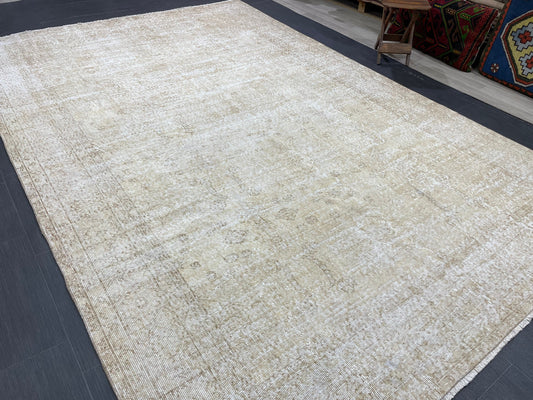 Neutral Vintage Rug Muted TURKISH 7 x 10.4 Rug Handmade Rug Distressed Rug  Large Turkish Oushak Rug Wool Rug Hand Knotted Rug