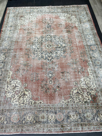 Muted OUSHAK RUG  TURKISH 8.8 x 12 Rug Distressed Vintage  Rug Wool Hand Knotted Rug Large Handmade Rug 8x11 Vintage Turkish 9x12 Rug