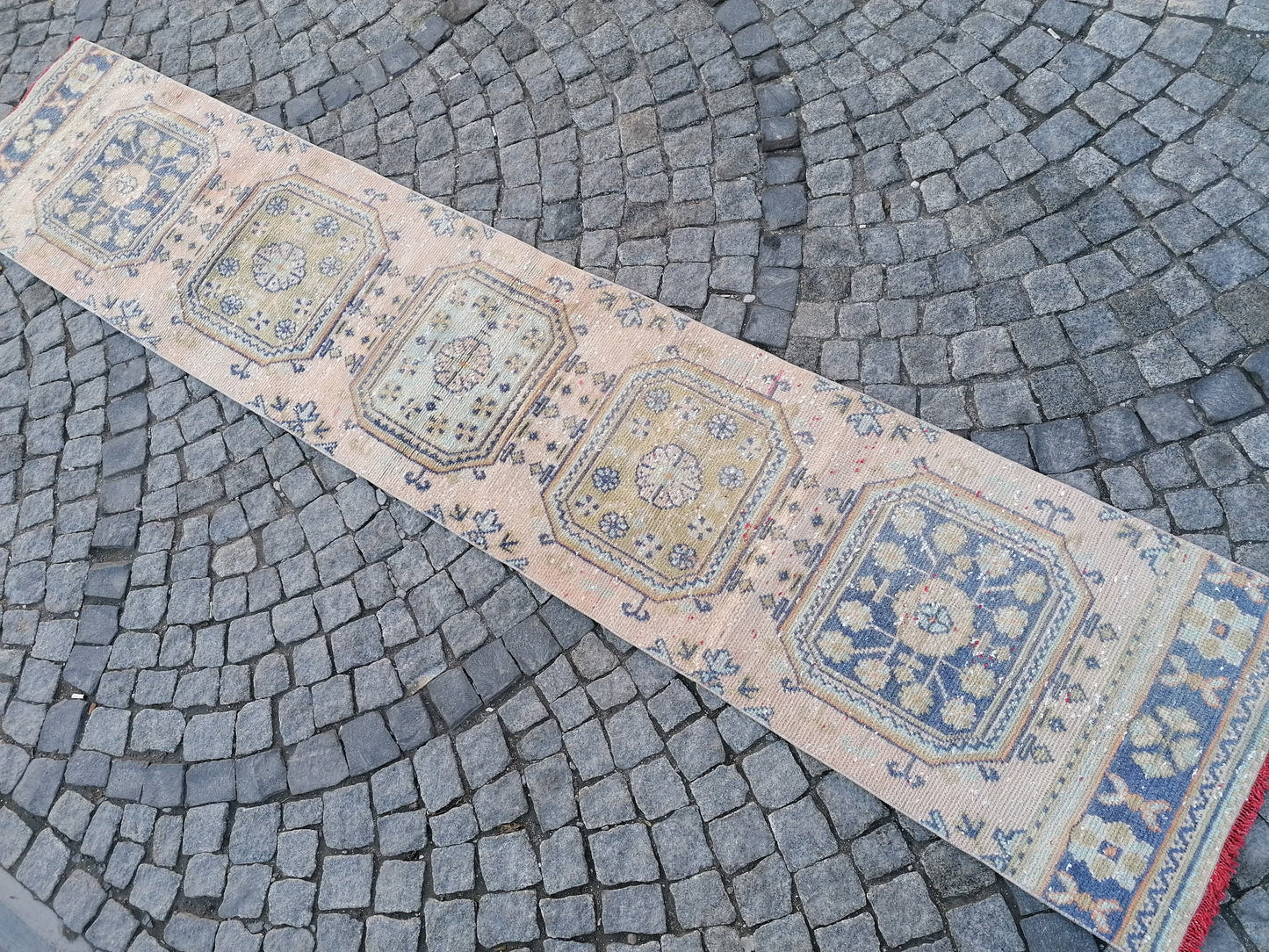 2'3x11'8 oushak turkish runner rug,turkish wool runner rug,hallway runner, vintage blue runner rug, vintage green runner rug,kitchen runner