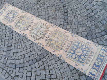 2'3x11'8 oushak turkish runner rug,turkish wool runner rug,hallway runner, vintage blue runner rug, vintage green runner rug,kitchen runner
