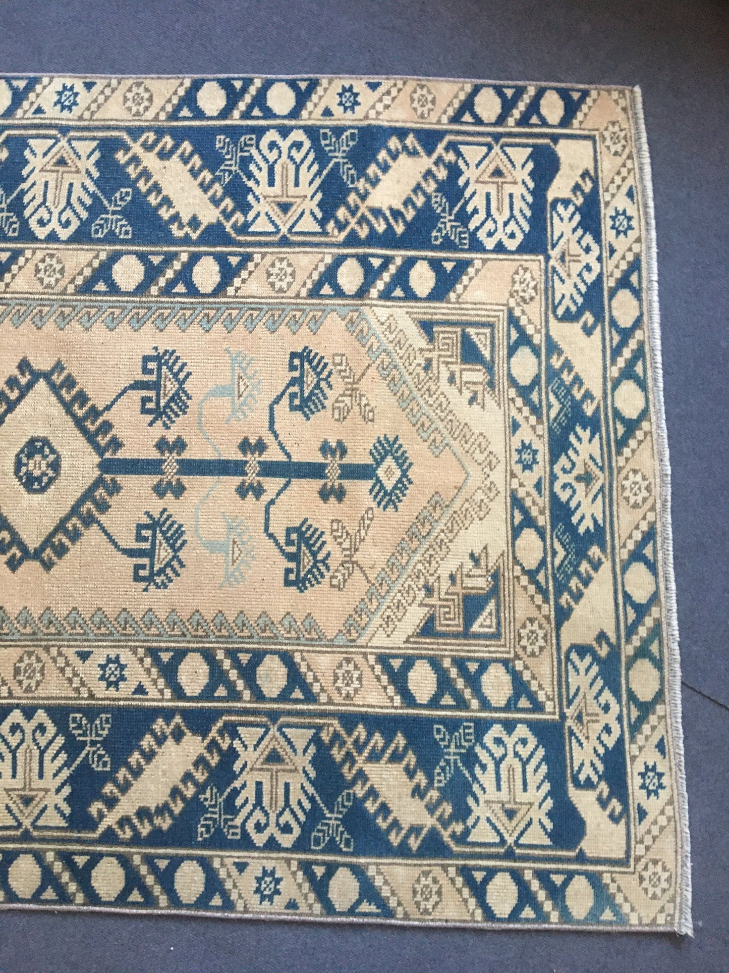 4x6 feet wool turkish kitchen floor wide rug, handmade oushak muted blue bedroom area rug, vintage living room large rug, laundry area rugs