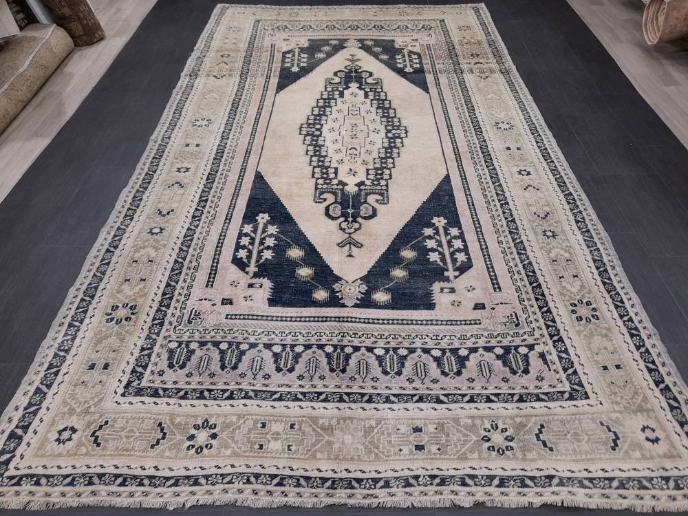 Muted TURKISH Rug Vintage Oriental Rug Vintage Persian Rug Blue OUSHAK RUG 6 x 10.8 Oushak Rug Hand Made Rug Vintage Excellent Condition Rug