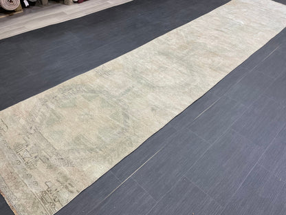 Muted Vintage Runner Rug 2.8 x 12.7 ft Muted Turkish runner rug Wool Pile Oushak Runner Hallway Rug runner Hand Knotted Star Runner Rug