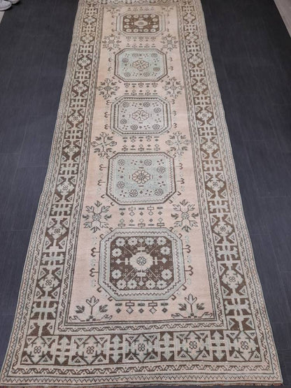 Vintage TURKISH Runner Rug Vintage Runner Rug 4.4 x 12.2 Oriental Runner Rug Wool Oushak Rug Hand Knotted Rugs Vintage Turkish Runner Rug