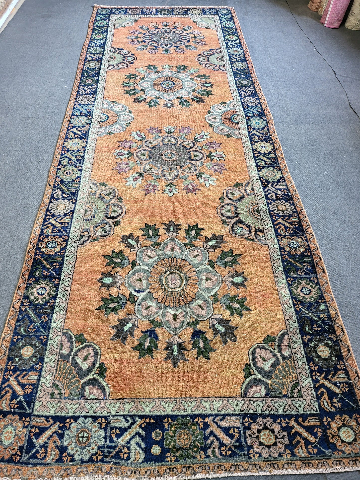 WOOL Oushak Runner Rug, Turkish 4.4 x 12.2 Runner Rug, Vintage Runner Rug, Hallway Runner Rug, Kitchen Runner Rug, Wool Runner Rug