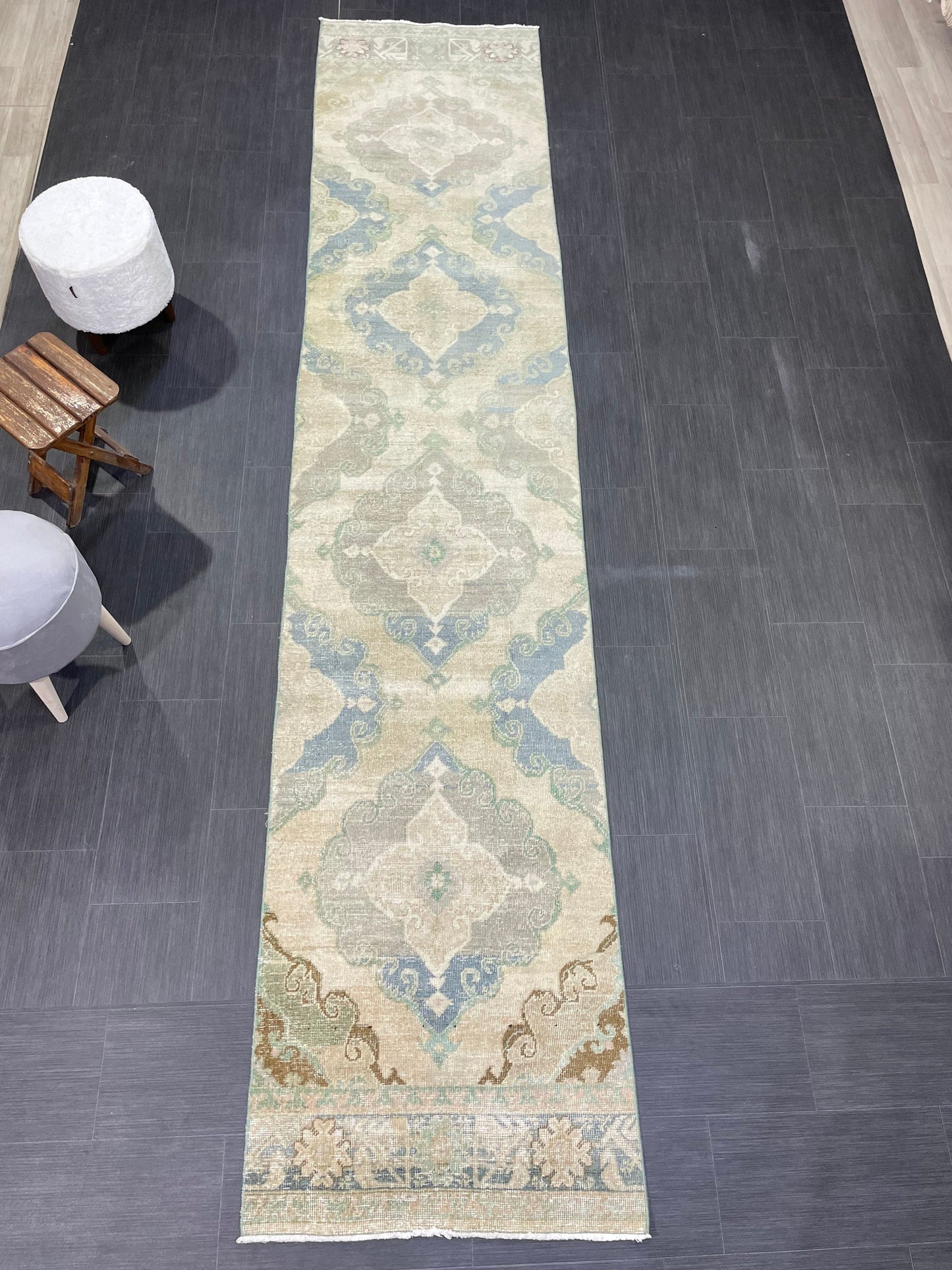 Muted Vintage Runner 2.6 x 12.6 Rug, Persian Runner Rug, Wool Oushak Runner Rug, Turkish Runner Rug, Kitchen Runner Rug, Hallway Runner rug
