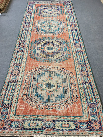 Distressed Runner Rug Vintage 4.2 x 10.9 Turkish Runner Rug Vintage Runner Rug Handmade Runner Rug Kitchen Runner Rug Persian Runner Rug