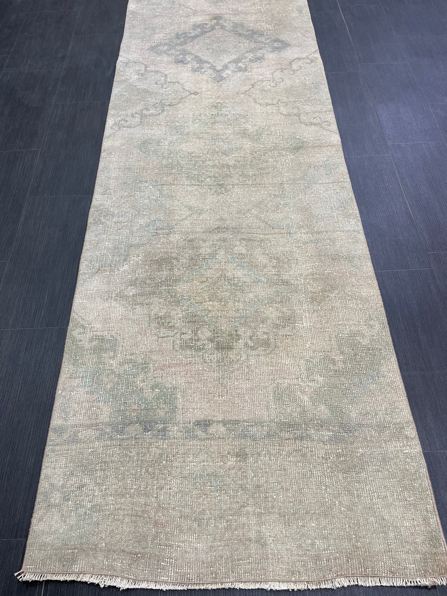 Muted Vintage Runner Rug 2.7 x 12.6 ft Muted Turkish runner rug Wool Pile Oushak Runner Hallway Rug runner Hand Knotted Runner Rug