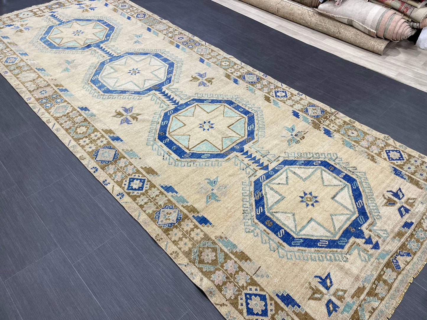 Muted Vintage Runner Rug Persian Runner Rug 4.8 x 12.5 Star Rug Runner Turkish Runner Kitchen Runner Rug Antique Wool Oriental Runner