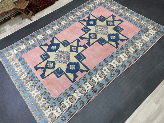 Turkish Rug Vintage 6.6 x 9.8 Rug Antique Rug Vintage Blue Pink Rug Wool