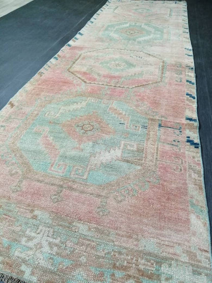 Oriental Runner Rug Muted Turkish Runner Rug 3.4 x 11.6 Vintage Runner Rug Hallway Runner Rug Muted Runner Rug Wool Runner Rug