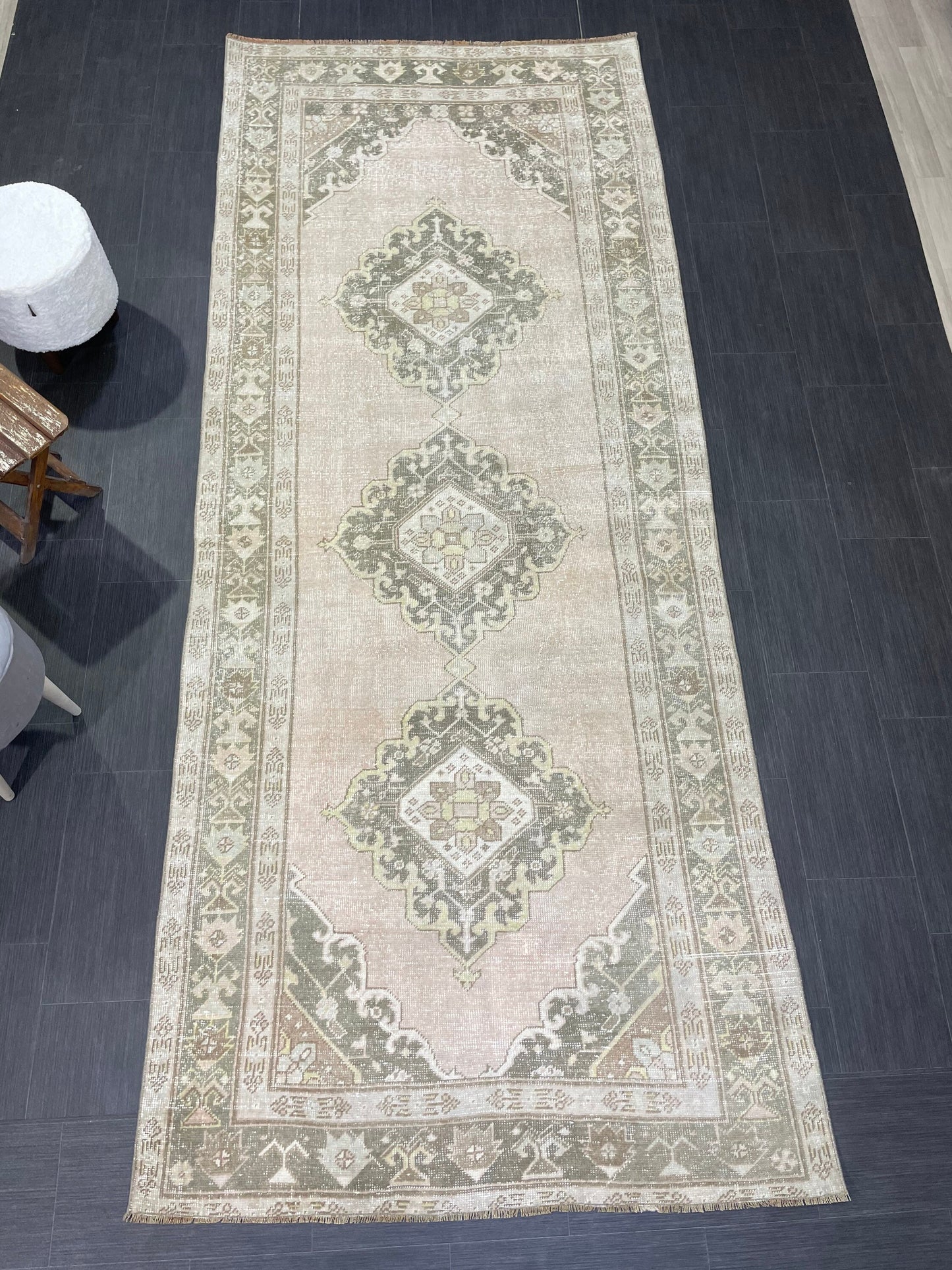 Muted Oushak Runner Rug Vintage Turkish 4.6 x 11.2 Runner Rug Vintage Runner Rug Hallway Runner Rug Kitchen Runner Rug Wool Runner Rug