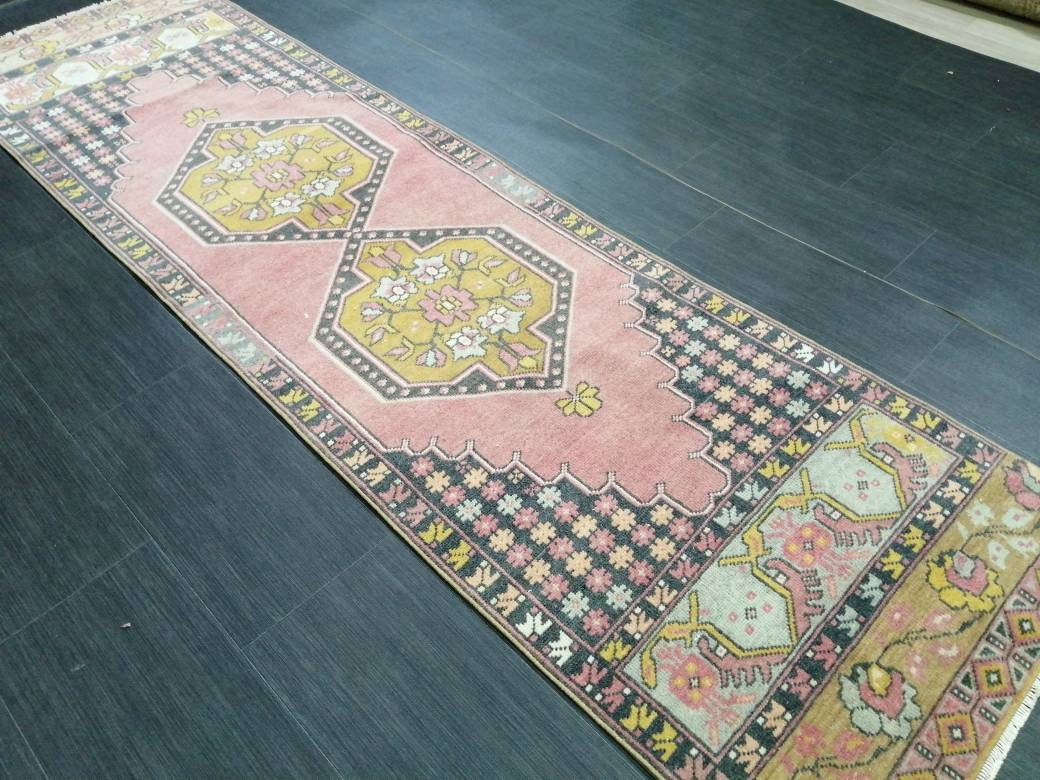 Pink Oriental Runner 2.4 x 8.7 Runner Hand Made TURKISH Runner Vintage Runner Muted Vintage Persian Muted Runner Rug Excellent Condition Rug