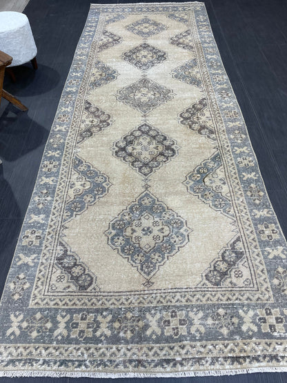 Hand Knotted Runner Rug Turkish Runner 3.8 x 10.8 Rug Vintage Gray Blue Runner Rug Hallway Runner Kitchen Runner Country modern Runner Rug