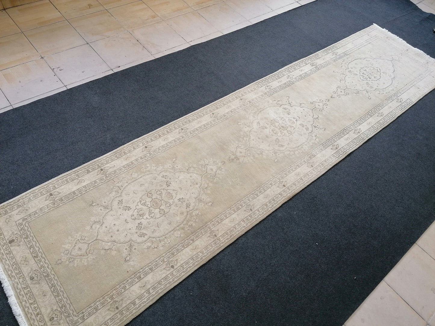 Faded hallway runner rug, 11'5x2'9, pastel runner rug, faded turkish runner rug, vintage runner rug, muted entryway rug,oushak runner rug
